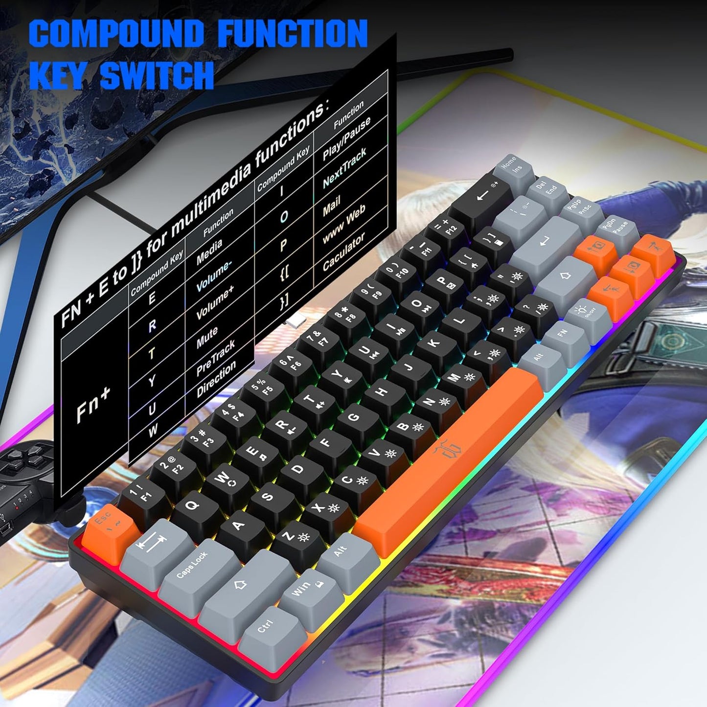 60% Percent Gaming Keyboard (68 Keys, Black-Grey-Orange) | Compact RGB Backlit Small Gaming Keyboard for Windows, PC, Laptop