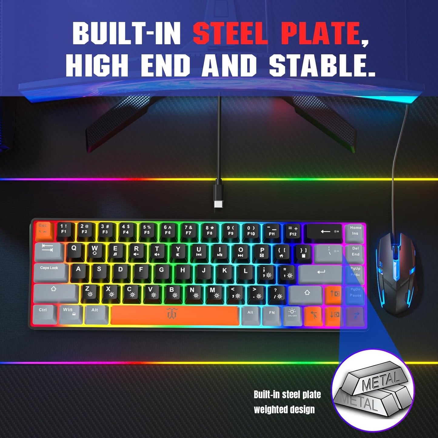 60% Percent Gaming Keyboard (68 Keys, Black-Grey-Orange) | Compact RGB Backlit Small Gaming Keyboard for Windows, PC, Laptop