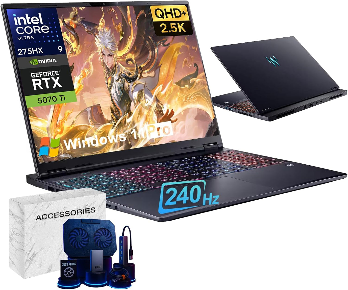 Acer Predator Helios Neo 16S Gaming Laptop Computer - 16" 2.5K WQXGA 240Hz, Intel Ultra 9 275Hx(Up to 5.4Ghz), NVIDIA RTX 5070Ti 12GB GDDR7, RGB KB, Win 11 Pro, W/Accessories(32 GB RAM, 2 TB SSD)