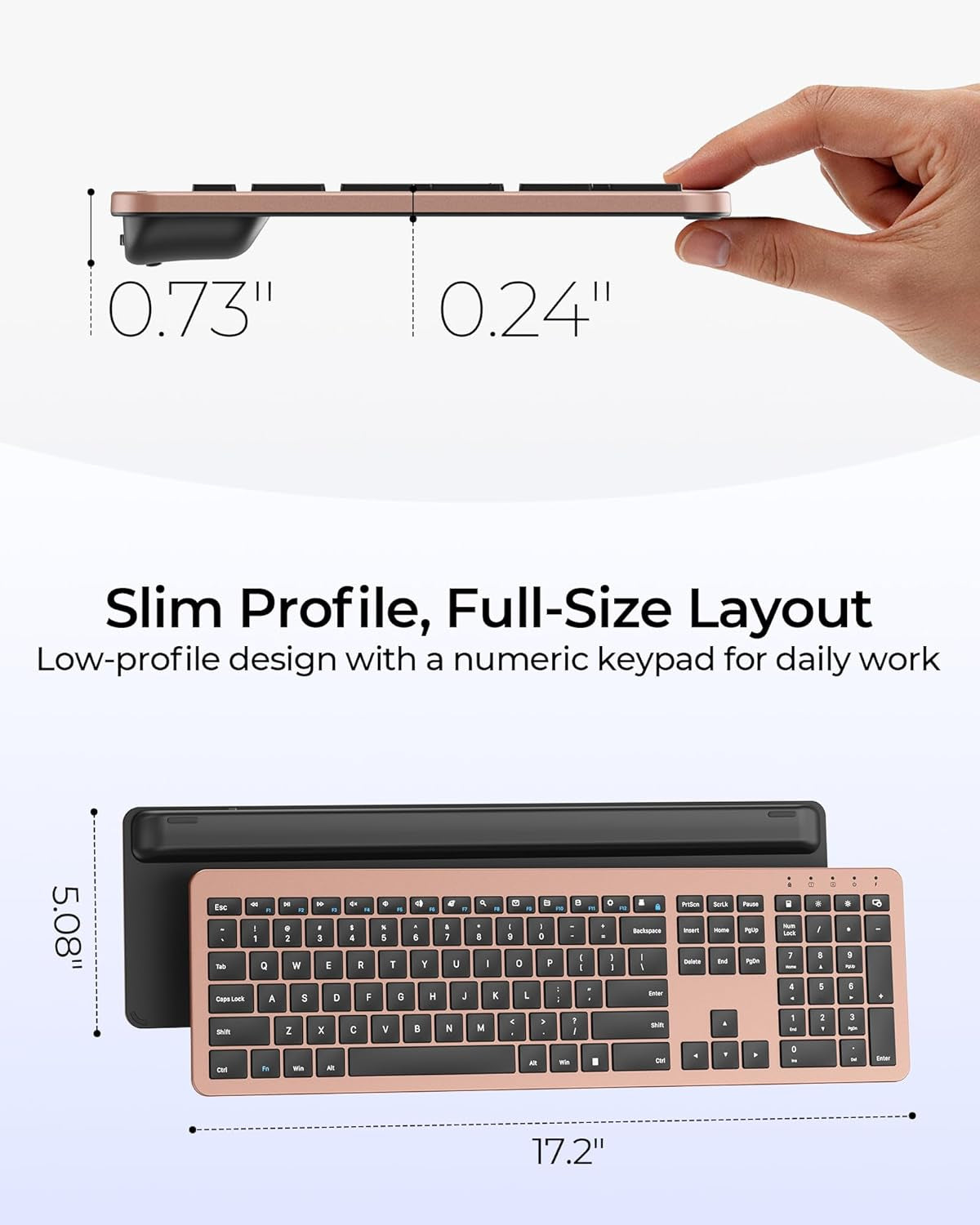 Rechargeable Wireless Keyboard and Mouse Combo, Rose Gold & Black | Quiet, Slim Full-Size Keyboard with Numpad, 2.4Ghz USB Receiver, USB-C Charging, 3-Level DPI Mouse for Windows Pcs/Laptops
