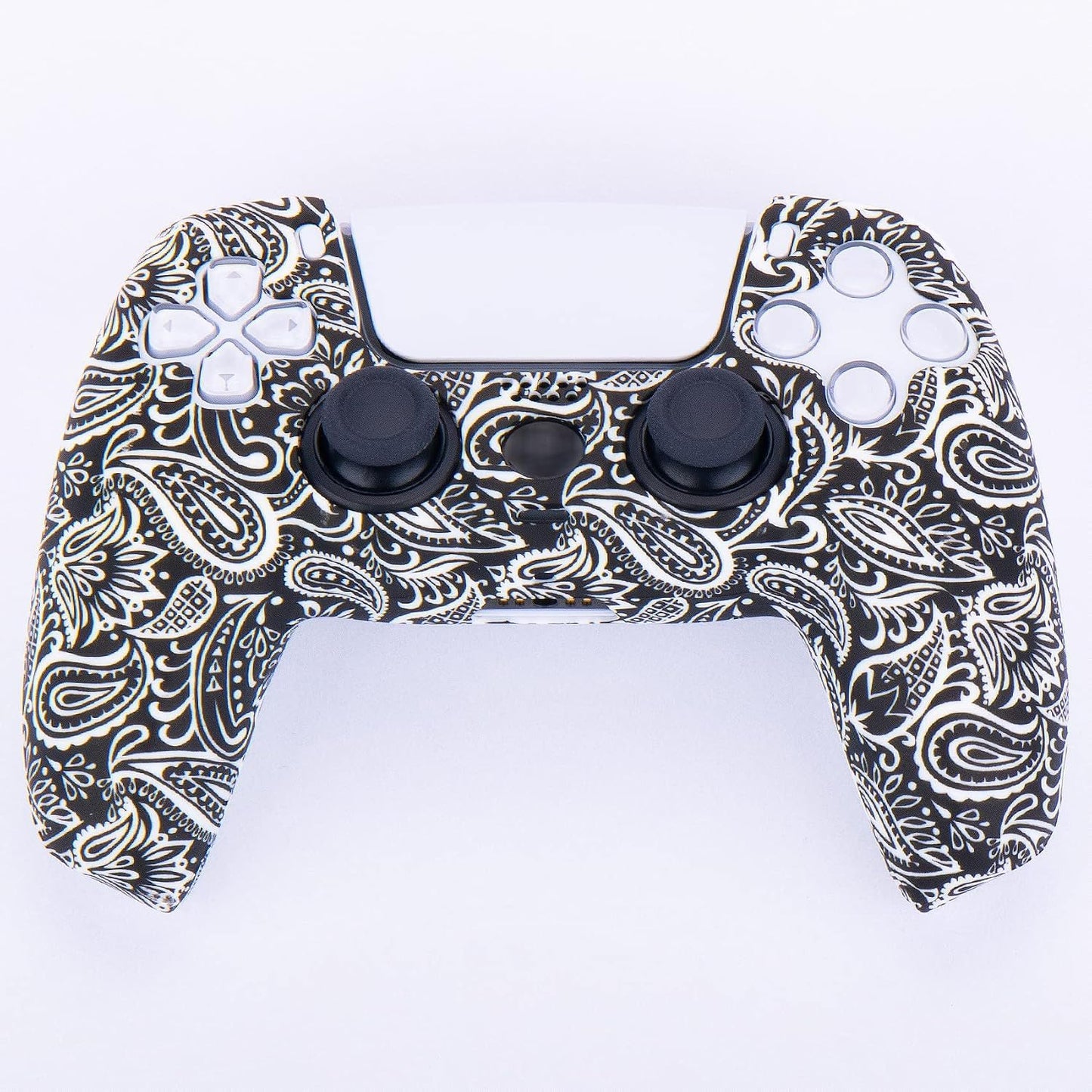 Water Transfer Printing Silicone Thickened Cover Skin Case for PS5 Controller X 1(Leaves Red) with Thumb Grips X 10