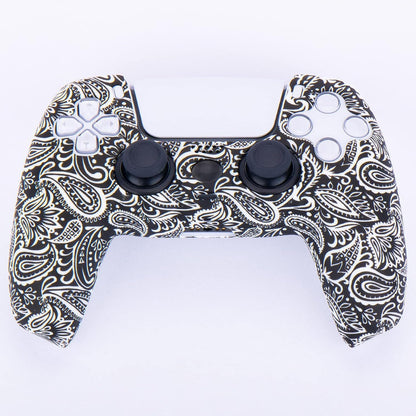 Water Transfer Printing Silicone Thickened Cover Skin Case for PS5 Controller X 1(Leaves Red) with Thumb Grips X 10