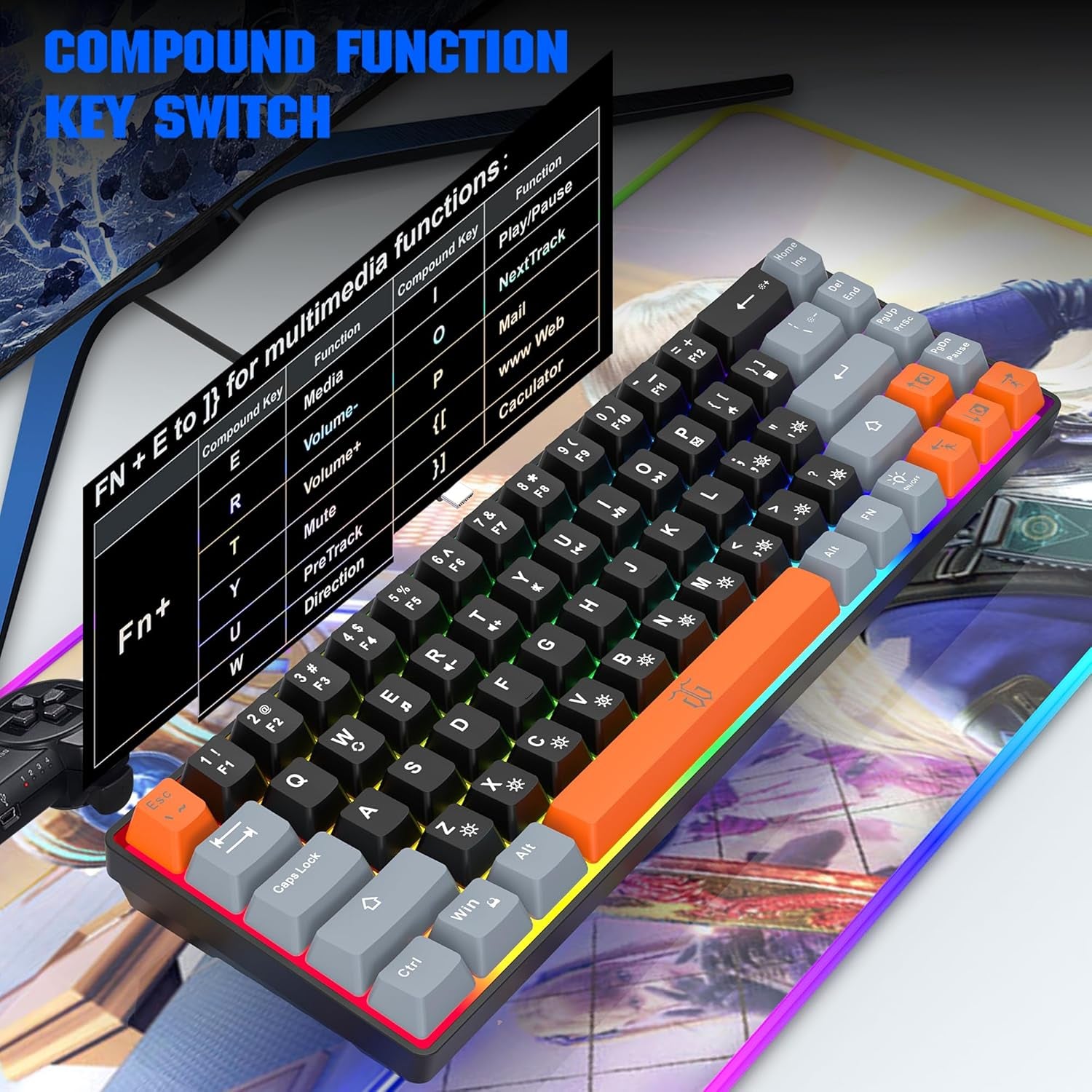 60% Percent Gaming Keyboard (68 Keys, Black-Grey-Orange) | Compact RGB Backlit Small Gaming Keyboard for Windows, PC, Laptop