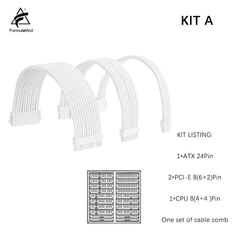 Formulamod All White PSU Extension Cable Kit , Solid Color Cable Solid Combo 300Mm Atx24Pin Pci-E8Pin Cpu8Pin with Combs