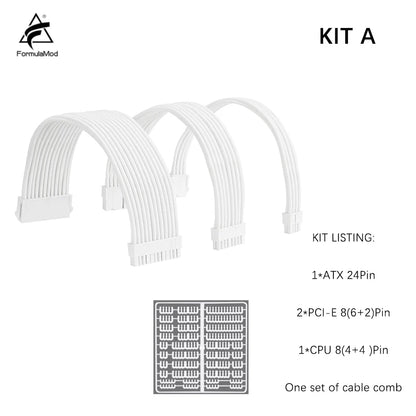 Formulamod All White PSU Extension Cable Kit , Solid Color Cable Solid Combo 300Mm Atx24Pin Pci-E8Pin Cpu8Pin with Combs