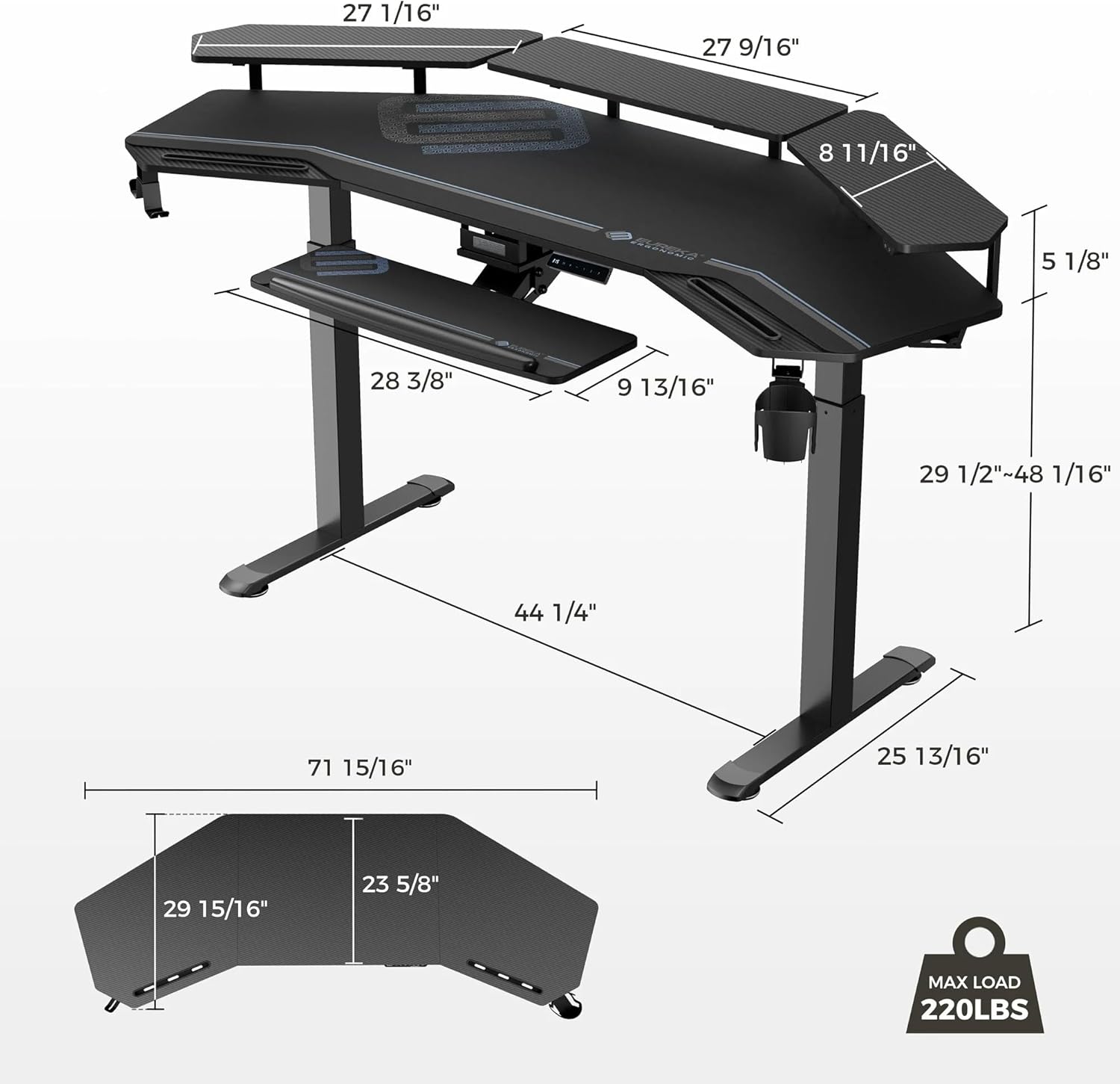 Gaming Standing Desk LED Shelves 72 Inch Black | Dual Motor Height Adjustment with Keyboard Tray, Wing-Shaped Desktop and Cable Management Slot for Studio Setups