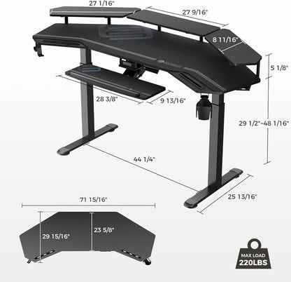 Gaming Standing Desk LED Shelves 72 Inch Black | Dual Motor Height Adjustment with Keyboard Tray, Wing-Shaped Desktop and Cable Management Slot for Studio Setups