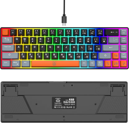 60% Percent Gaming Keyboard (68 Keys, Black-Grey-Orange) | Compact RGB Backlit Small Gaming Keyboard for Windows, PC, Laptop