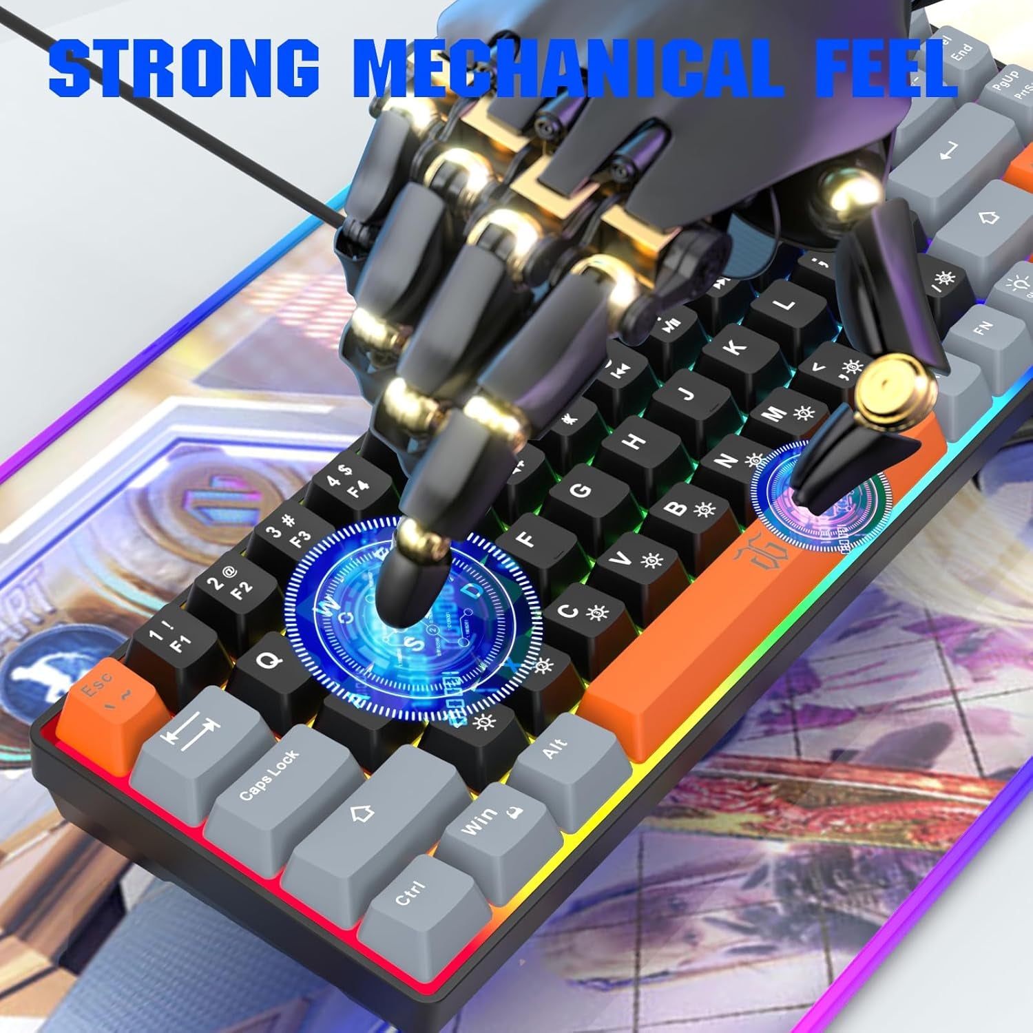 60% Percent Gaming Keyboard (68 Keys, Black-Grey-Orange) | Compact RGB Backlit Small Gaming Keyboard for Windows, PC, Laptop