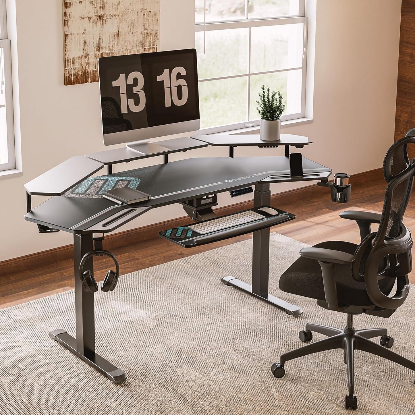 Gaming Standing Desk LED Shelves 72 Inch Black | Dual Motor Height Adjustment with Keyboard Tray, Wing-Shaped Desktop and Cable Management Slot for Studio Setups