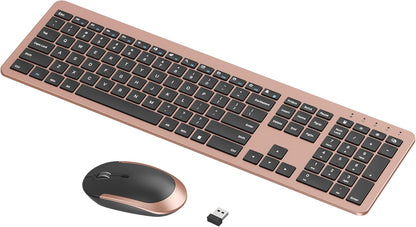 Rechargeable Wireless Keyboard and Mouse Combo, Rose Gold & Black | Quiet, Slim Full-Size Keyboard with Numpad, 2.4Ghz USB Receiver, USB-C Charging, 3-Level DPI Mouse for Windows Pcs/Laptops