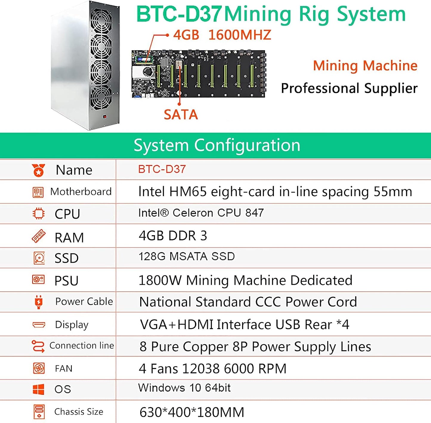 BTC D37 Mining Rig, 8 GPU Complete Miner Rig, Mining Machine System for Crypto Coin Currency Mining, GPU Miner Including Motherboard (Without GPU) Case with Cooling Fans,Barebones