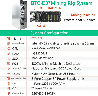 BTC D37 Mining Rig, 8 GPU Complete Miner Rig, Mining Machine System for Crypto Coin Currency Mining, GPU Miner Including Motherboard (Without GPU) Case with Cooling Fans,Barebones