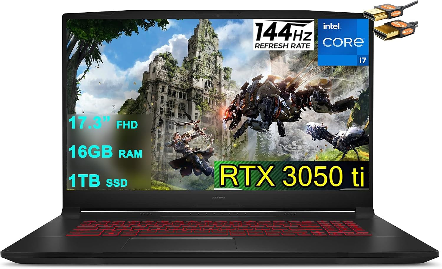 MSI Katana GF76 17 Gaming Laptop 17.3” FHD IPS 144Hz Display 11Th Gen Intel 8-Core I7-11800H 16GB RAM 1TB SSD Geforce RTX 3050 Ti 4GB Backlit USB-C Nahimic Win10 Black + HDMI Cable