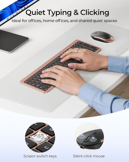 Rechargeable Wireless Keyboard and Mouse Combo, Rose Gold & Black | Quiet, Slim Full-Size Keyboard with Numpad, 2.4Ghz USB Receiver, USB-C Charging, 3-Level DPI Mouse for Windows Pcs/Laptops