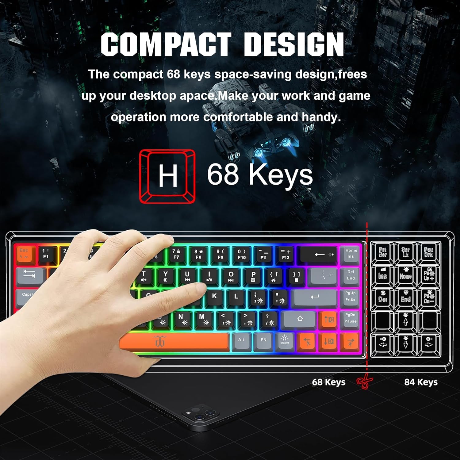 60% Percent Gaming Keyboard (68 Keys, Black-Grey-Orange) | Compact RGB Backlit Small Gaming Keyboard for Windows, PC, Laptop