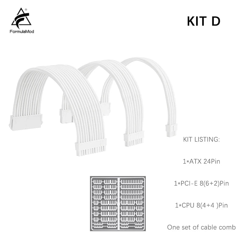 Formulamod All White PSU Extension Cable Kit , Solid Color Cable Solid Combo 300Mm Atx24Pin Pci-E8Pin Cpu8Pin with Combs