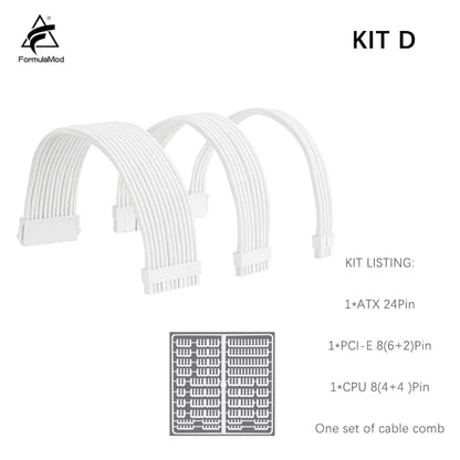 Formulamod All White PSU Extension Cable Kit , Solid Color Cable Solid Combo 300Mm Atx24Pin Pci-E8Pin Cpu8Pin with Combs