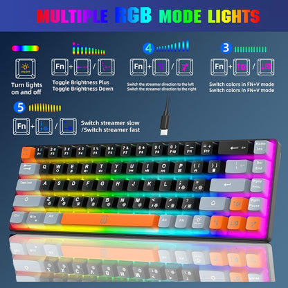 60% Percent Gaming Keyboard (68 Keys, Black-Grey-Orange) | Compact RGB Backlit Small Gaming Keyboard for Windows, PC, Laptop