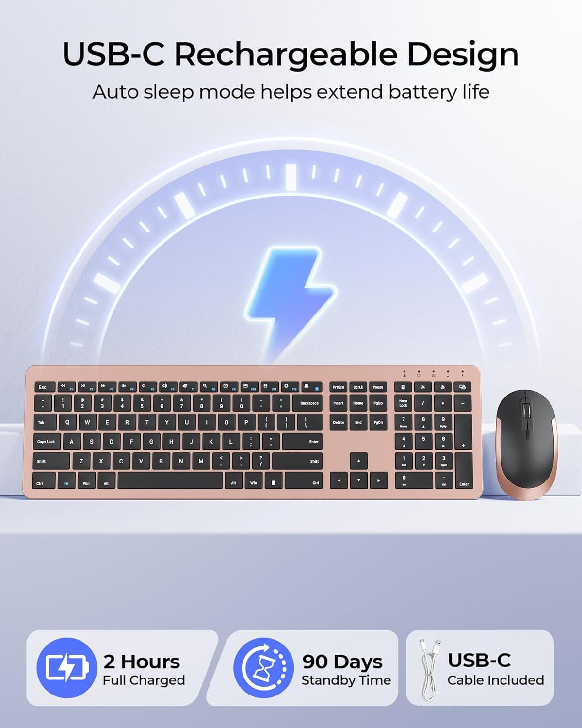 Rechargeable Wireless Keyboard and Mouse Combo, Rose Gold & Black | Quiet, Slim Full-Size Keyboard with Numpad, 2.4Ghz USB Receiver, USB-C Charging, 3-Level DPI Mouse for Windows Pcs/Laptops