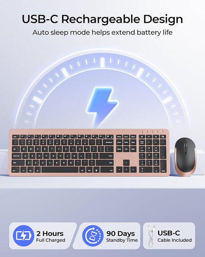 Rechargeable Wireless Keyboard and Mouse Combo, Rose Gold & Black | Quiet, Slim Full-Size Keyboard with Numpad, 2.4Ghz USB Receiver, USB-C Charging, 3-Level DPI Mouse for Windows Pcs/Laptops