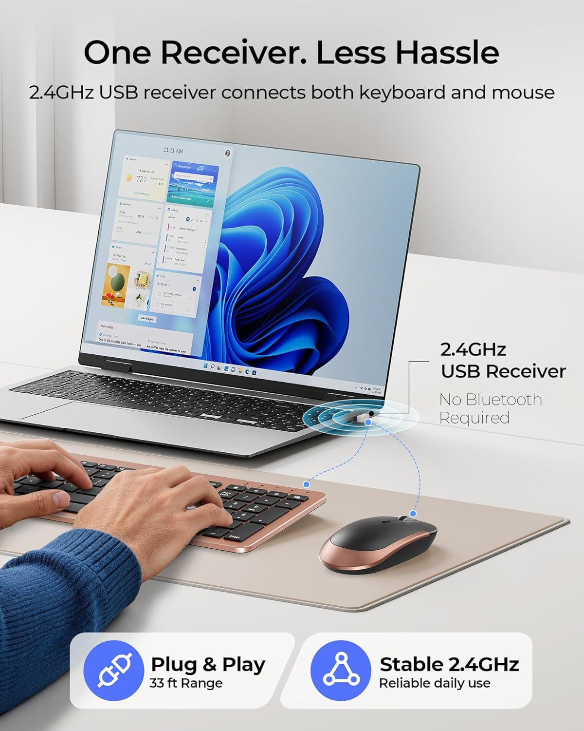 Rechargeable Wireless Keyboard and Mouse Combo, Rose Gold & Black | Quiet, Slim Full-Size Keyboard with Numpad, 2.4Ghz USB Receiver, USB-C Charging, 3-Level DPI Mouse for Windows Pcs/Laptops