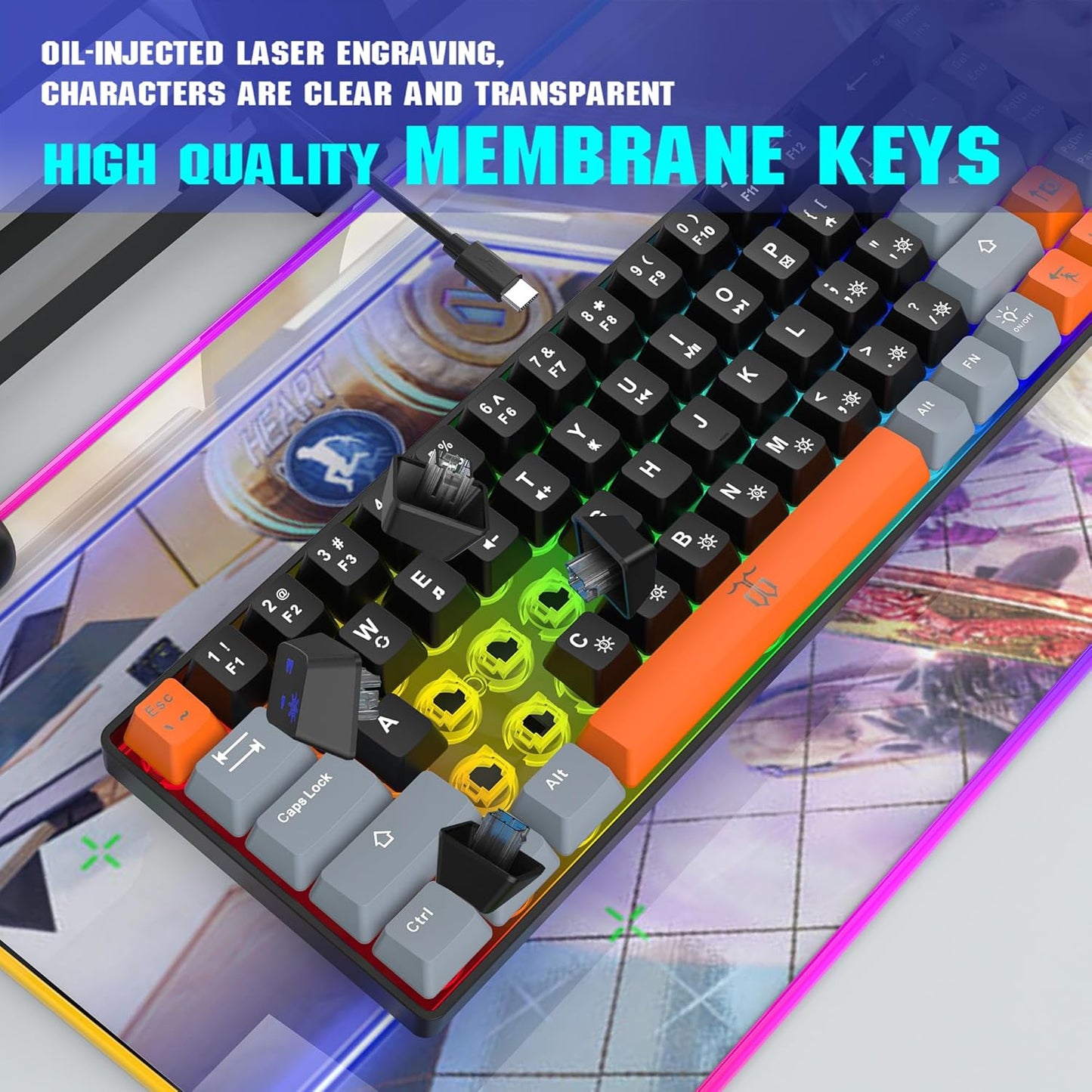 60% Percent Gaming Keyboard (68 Keys, Black-Grey-Orange) | Compact RGB Backlit Small Gaming Keyboard for Windows, PC, Laptop
