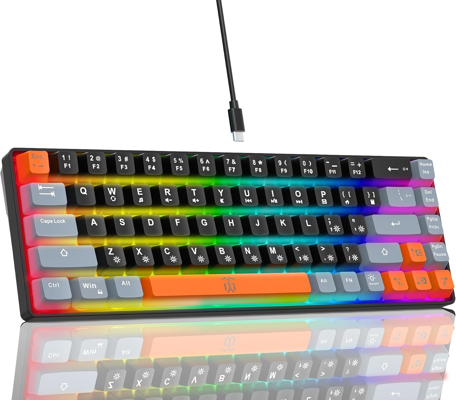 60% Percent Gaming Keyboard (68 Keys, Black-Grey-Orange) | Compact RGB Backlit Small Gaming Keyboard for Windows, PC, Laptop